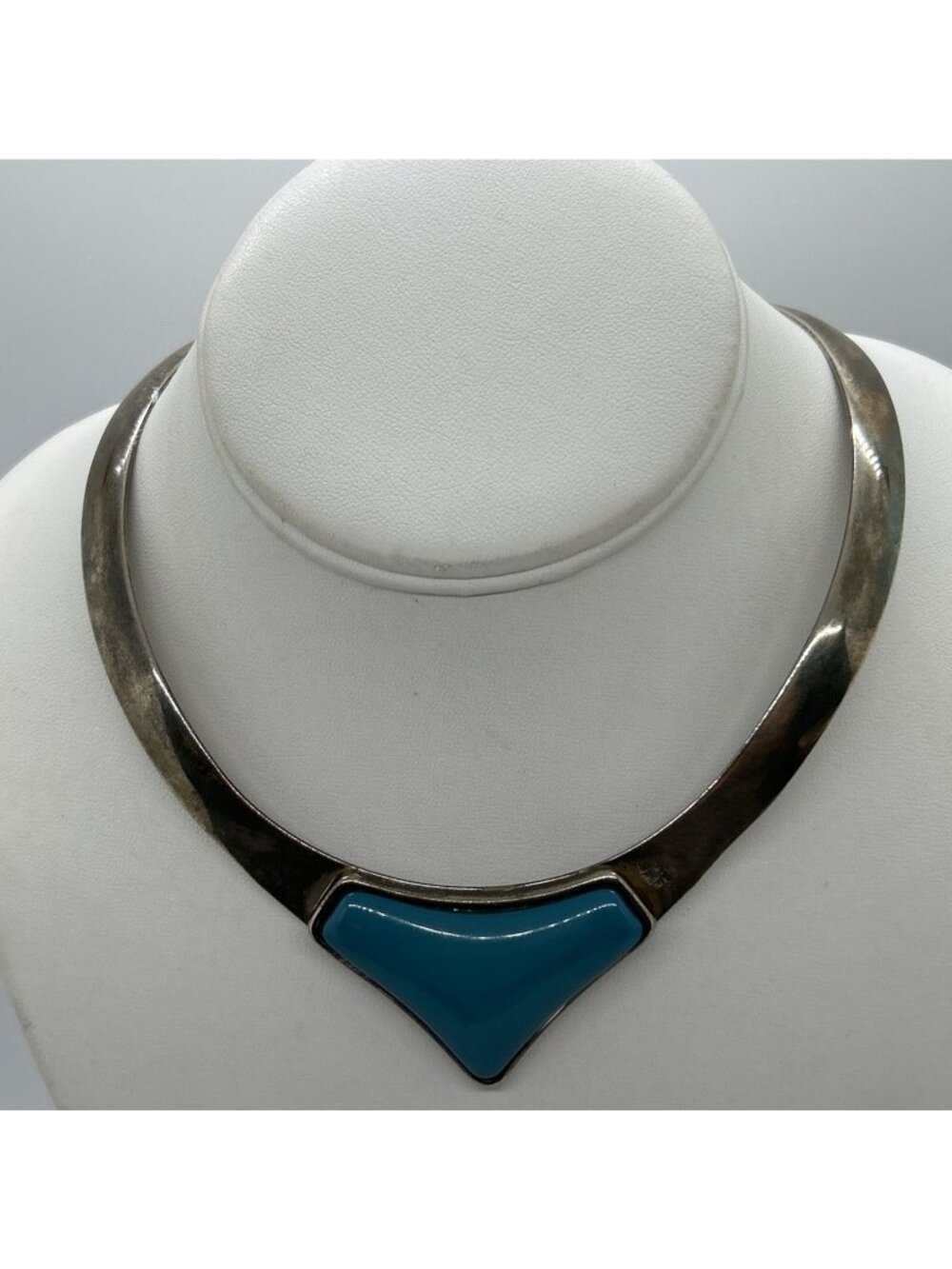 Vintage Collar Necklace Silver Tone Turquoise Acrylic Inlay Geometric Design